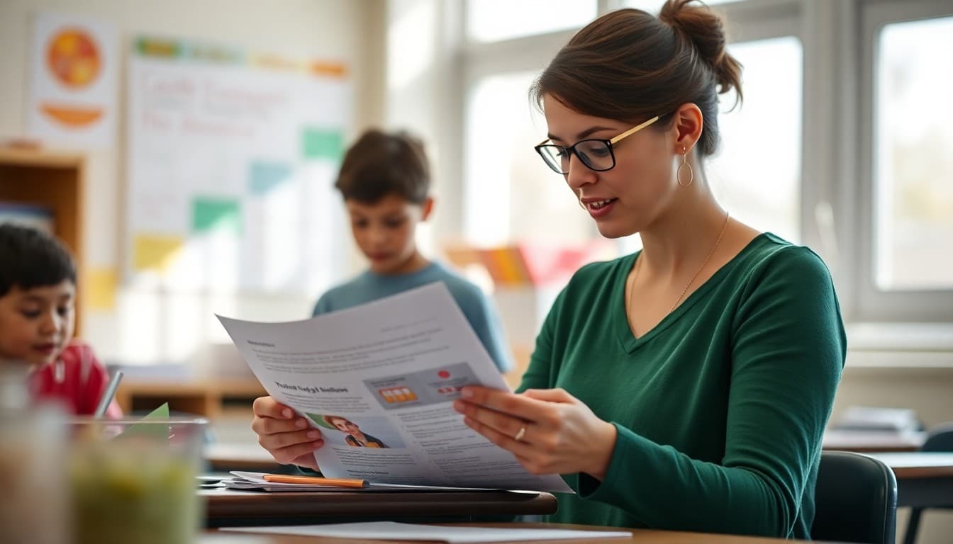 Elementary school teacher preparing a newsletter about classroom snack policy and healthy eating guidelines for K-5 families