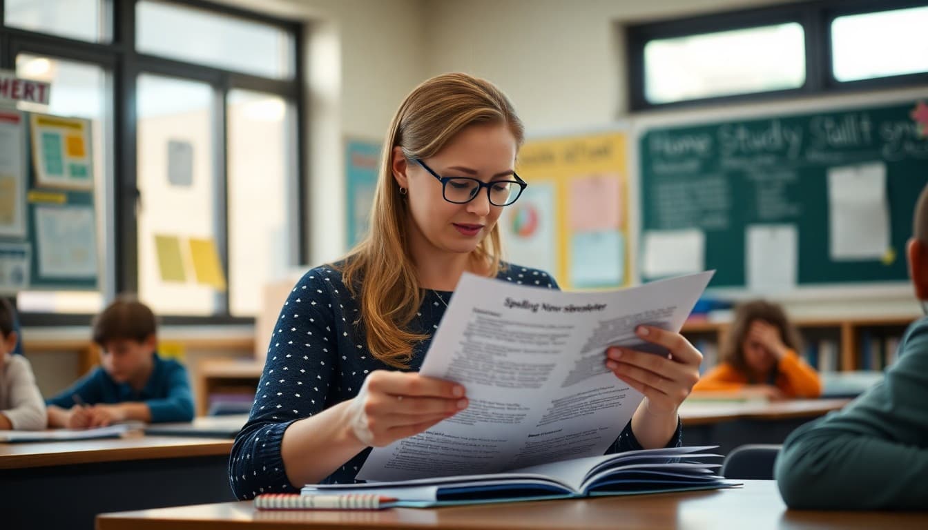 Elementary school teacher preparing a newsletter about spelling study strategies and home practice methods for K-5 families