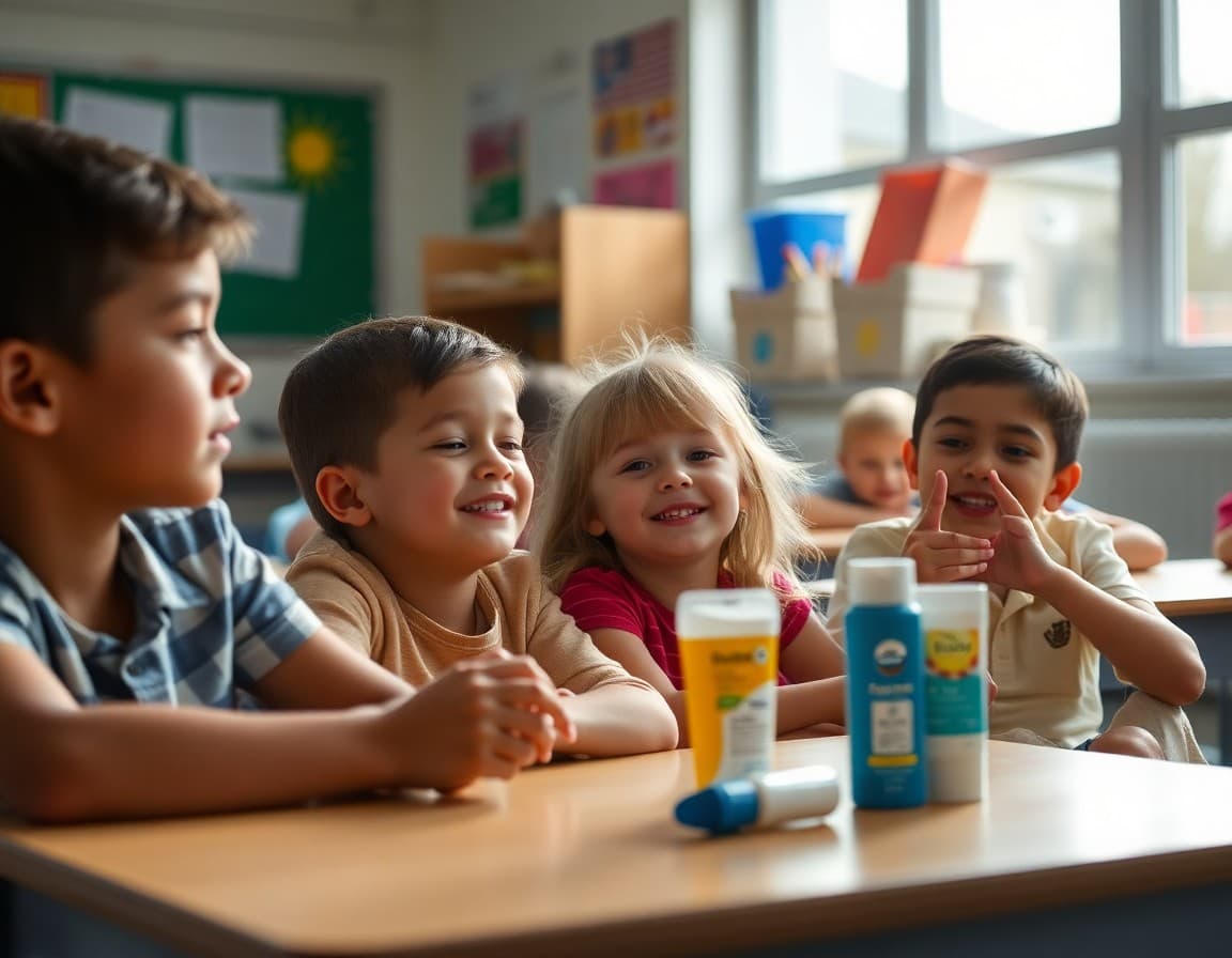 Elementary classroom activity related to sun safety, sunscreen, and outdoor protection with engaged students