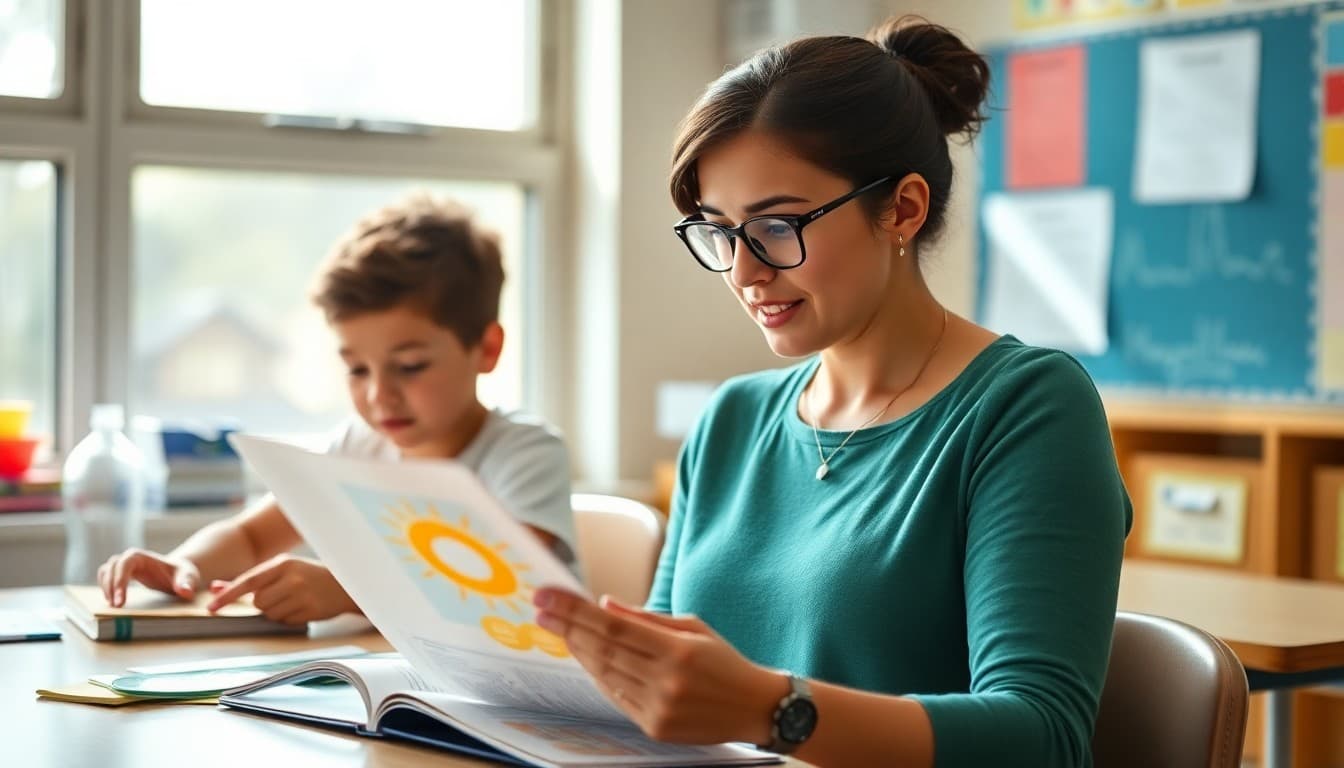Elementary school teacher preparing a newsletter about sun safety, sunscreen, and outdoor protection for K-5 families