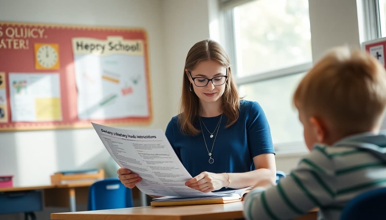 Elementary school teacher preparing a newsletter about dietary restrictions and inclusive food policies for K-5 families