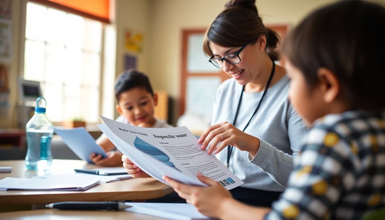Elementary school teacher preparing a newsletter about water conservation and responsible water use for K-5 families