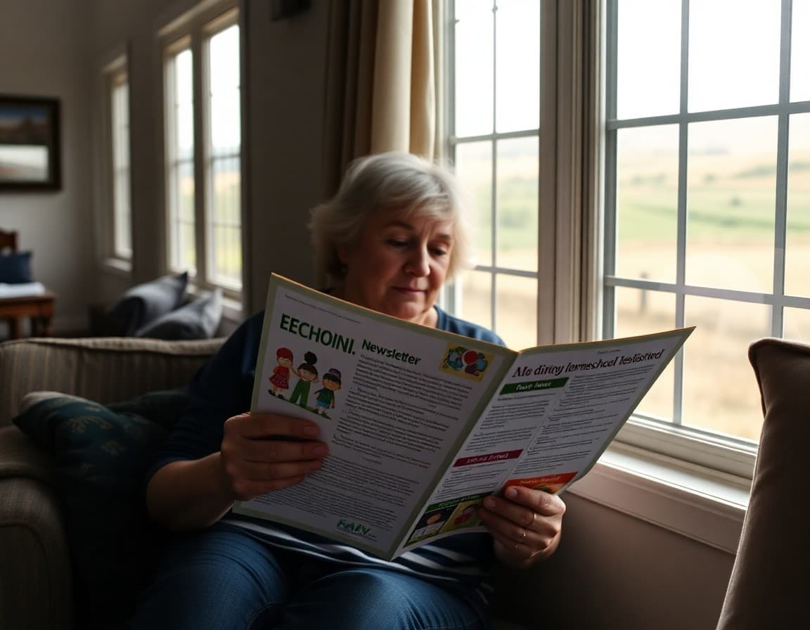 Parent reading elementary school newsletter at home in Tennessee with rolling hills outside window