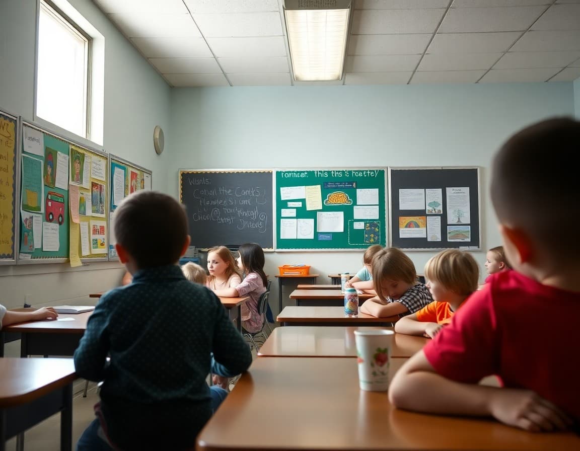Elementary classroom in Tennessee with student work displayed on bulletin boards