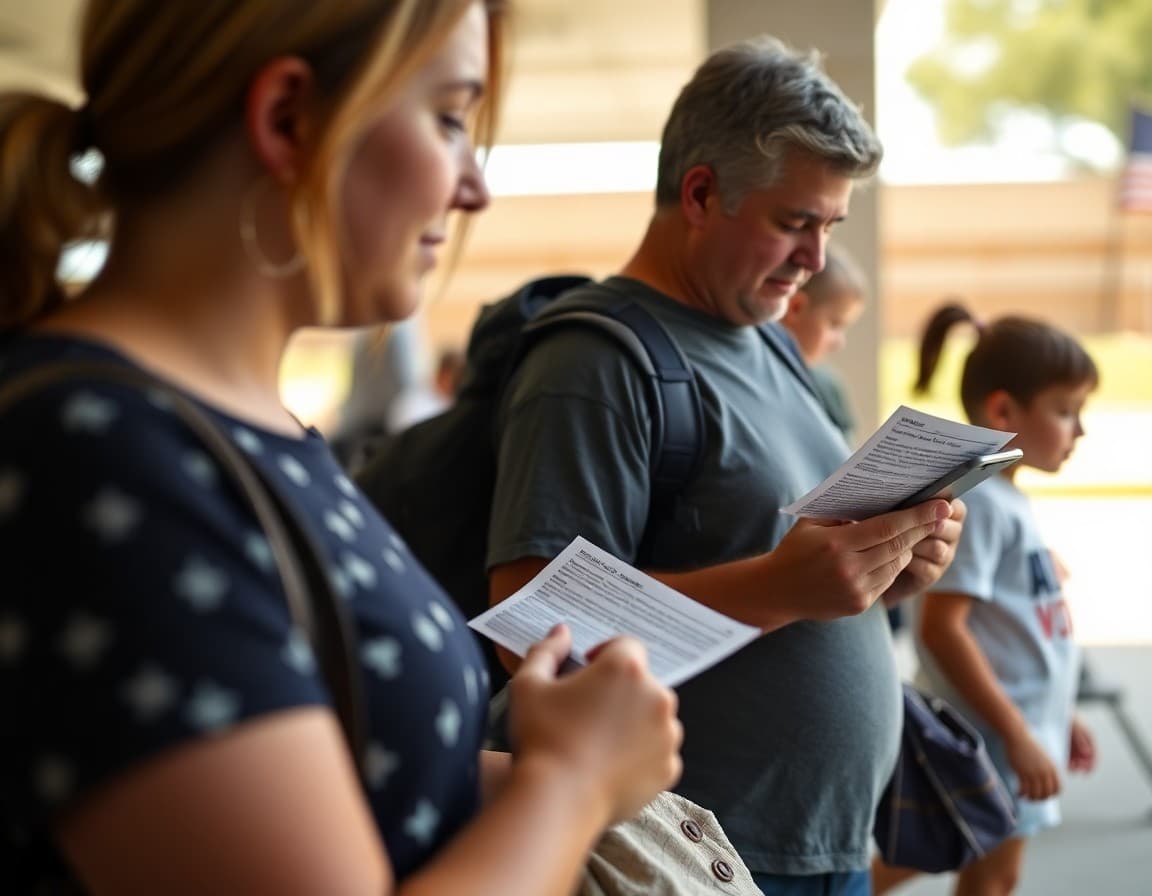 Parent reading school newsletter on phone while waiting at Texas elementary school pickup line