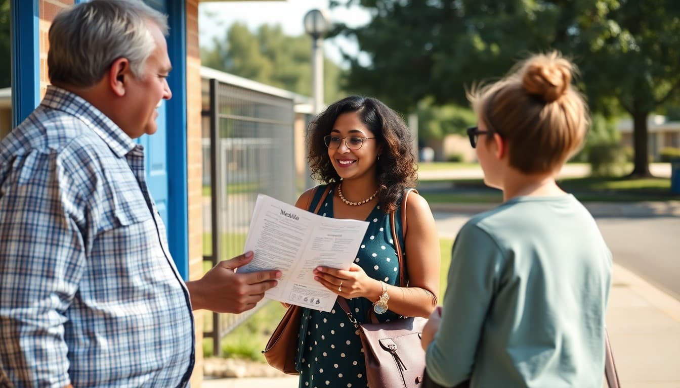 Texas elementary school teacher sharing newsletter with parents at school gate on a bright morning
