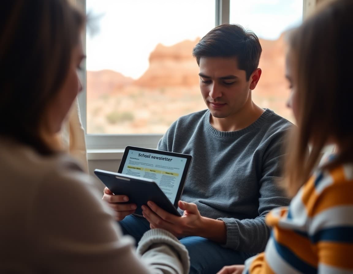 Parent reading school newsletter on tablet at home in Utah with red rock landscape outside