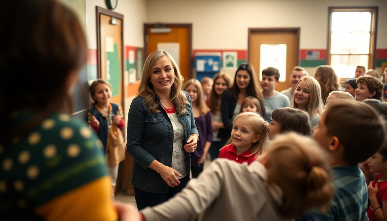 Utah elementary school teacher greeting large family group at school open house evening