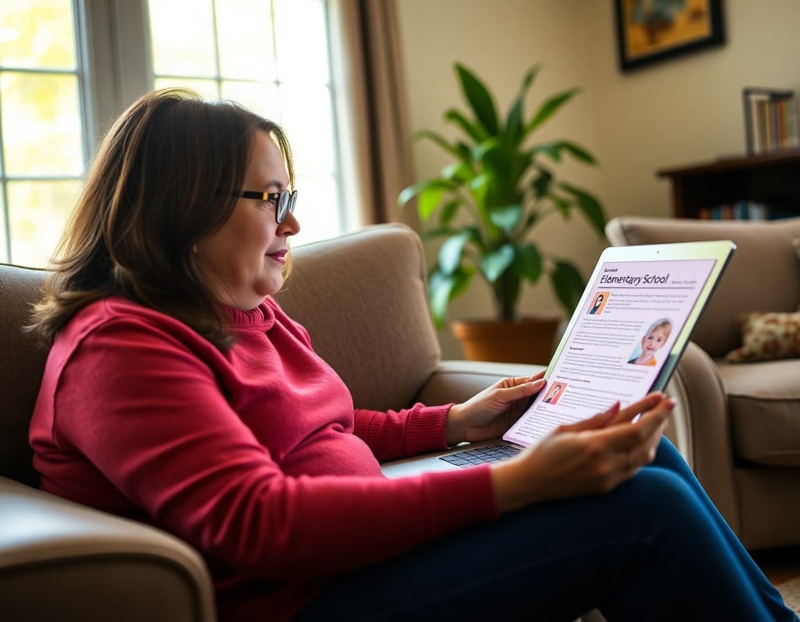 Parent reading elementary school newsletter on laptop at home in Virginia suburb