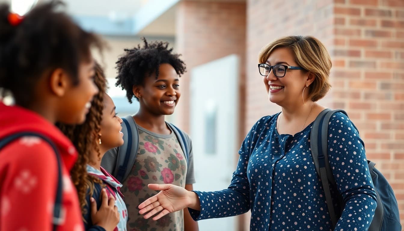 Virginia elementary school teacher greeting diverse families at morning school drop-off