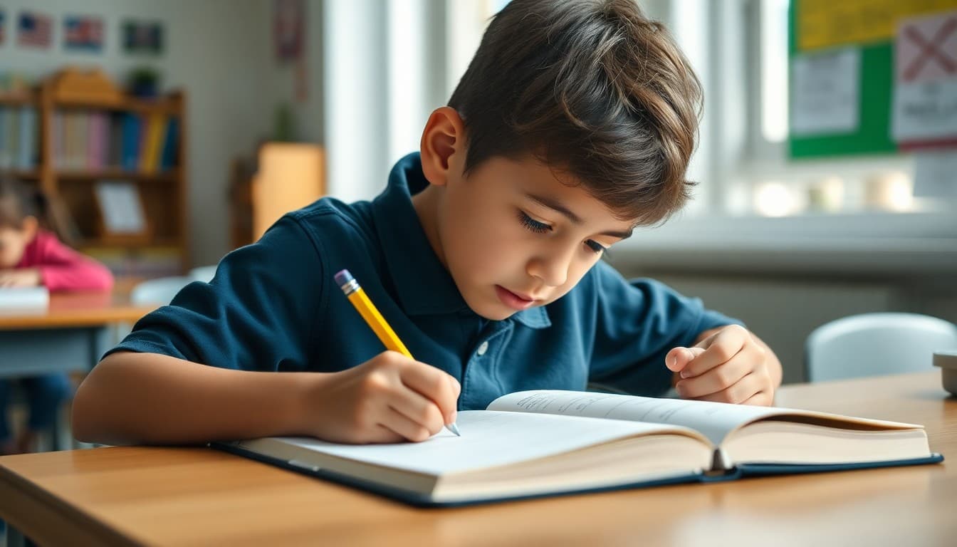 Elementary student writing vocabulary words in a notebook with colorful pencils