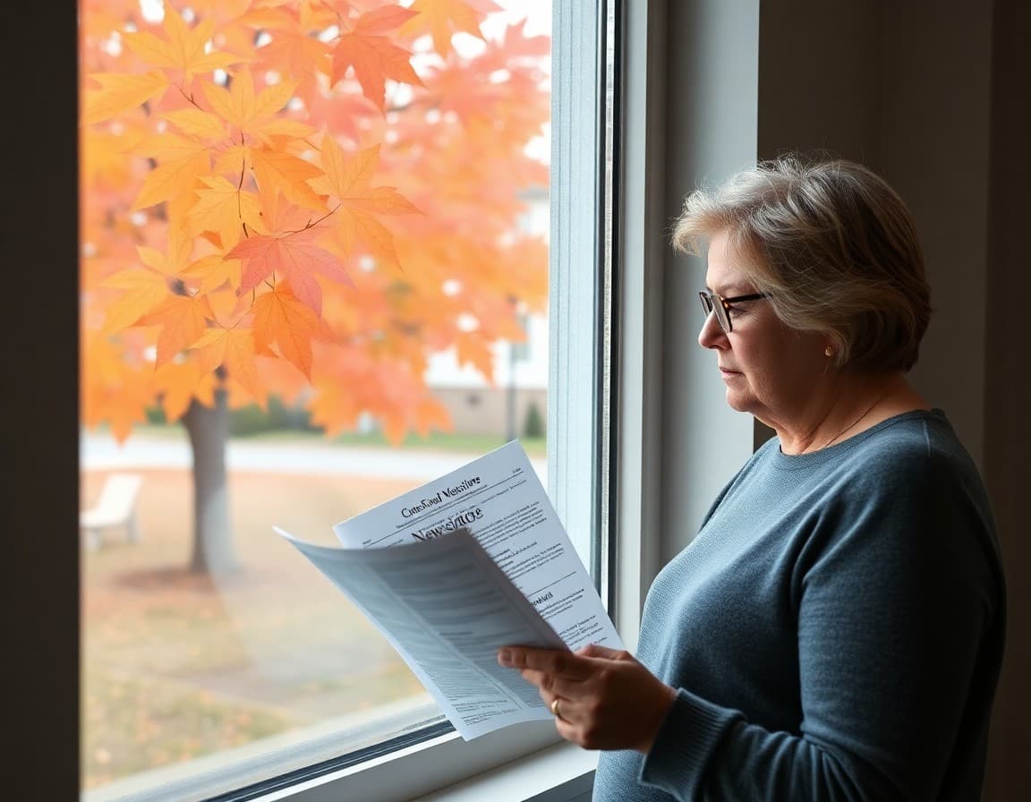 Parent reading school newsletter by window with Vermont autumn leaves outside