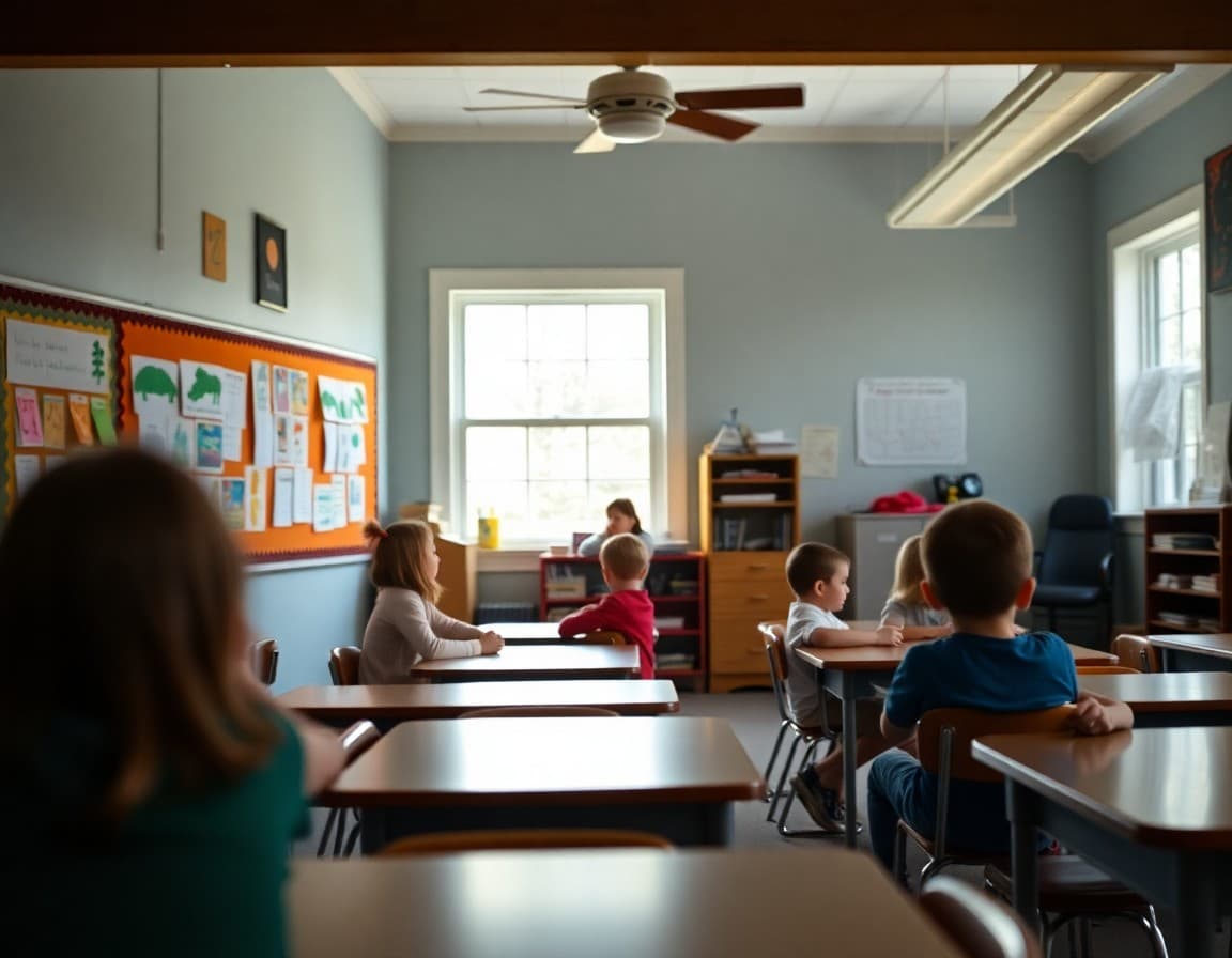 Elementary classroom in Vermont with student work displayed on bulletin boards