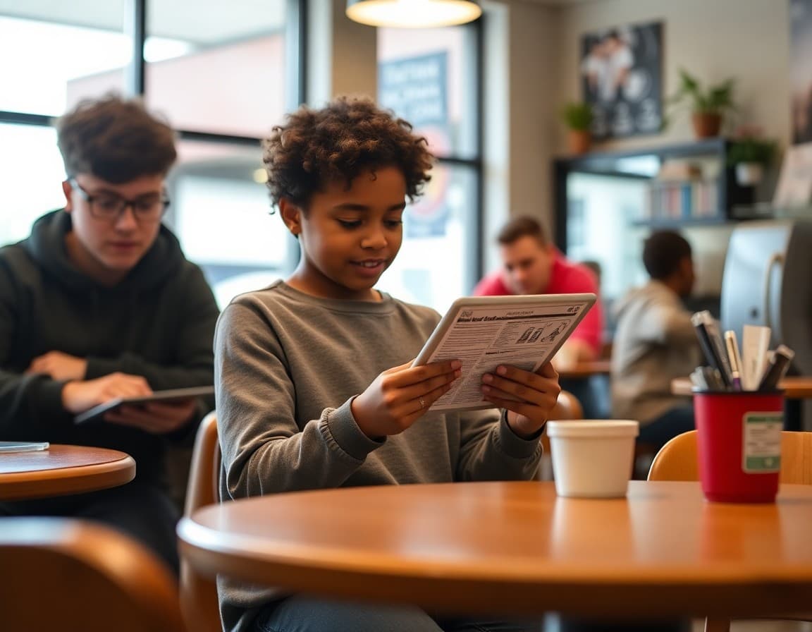 Parent reading elementary school newsletter on tablet in Seattle coffee shop