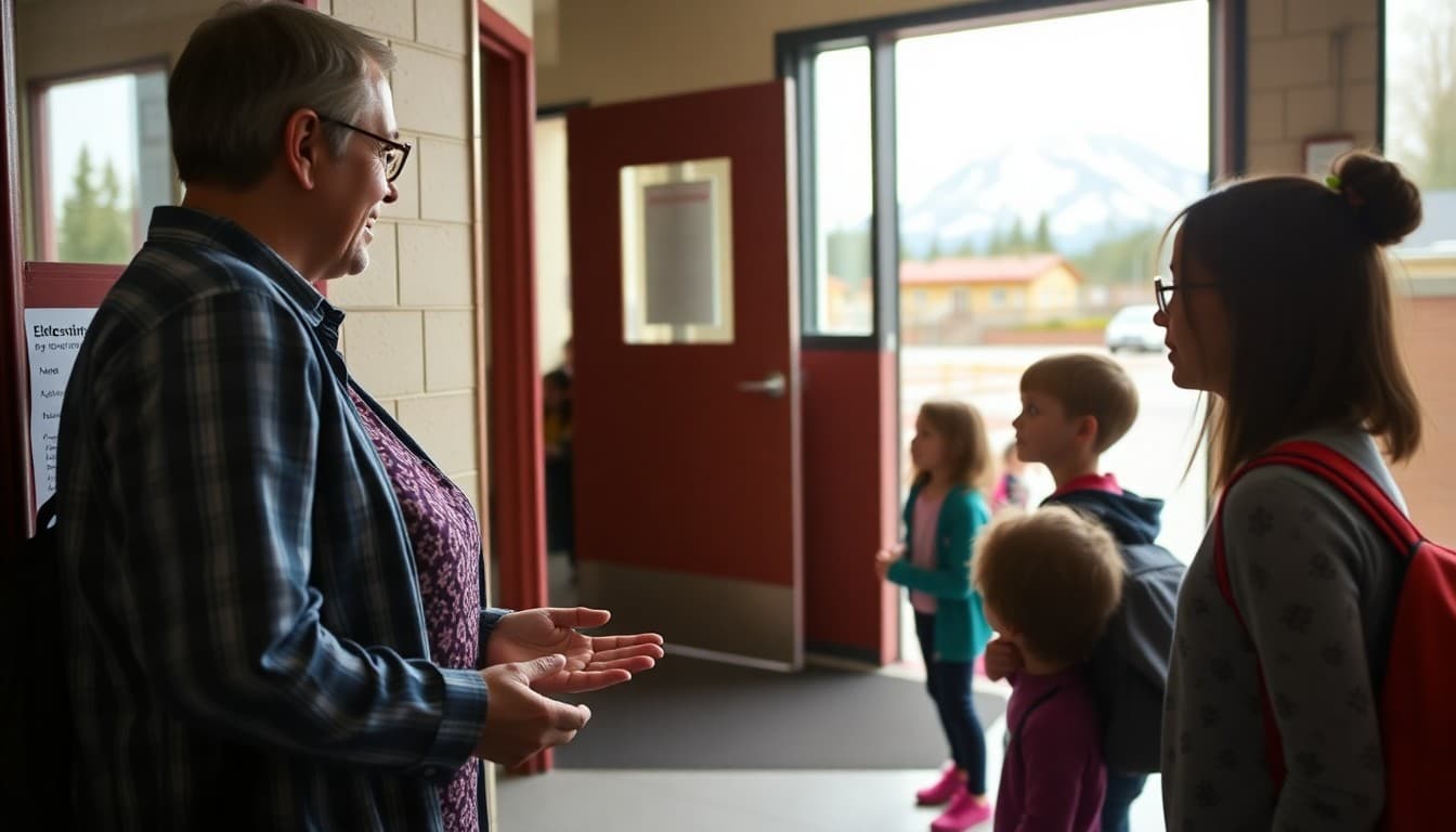 Washington State elementary school teacher greeting families at school entrance near Mount Rainier