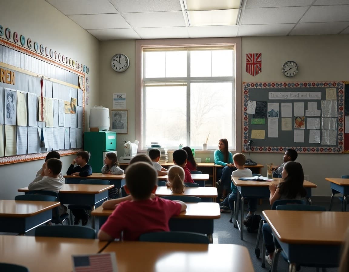 Elementary classroom in Washington with student work displayed on bulletin boards