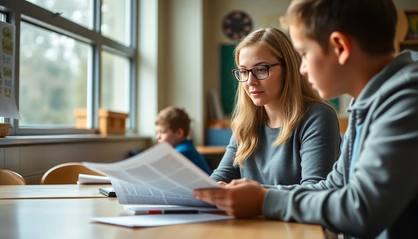 Washington elementary school teacher reviewing newsletter drafts for K-5 parent communication