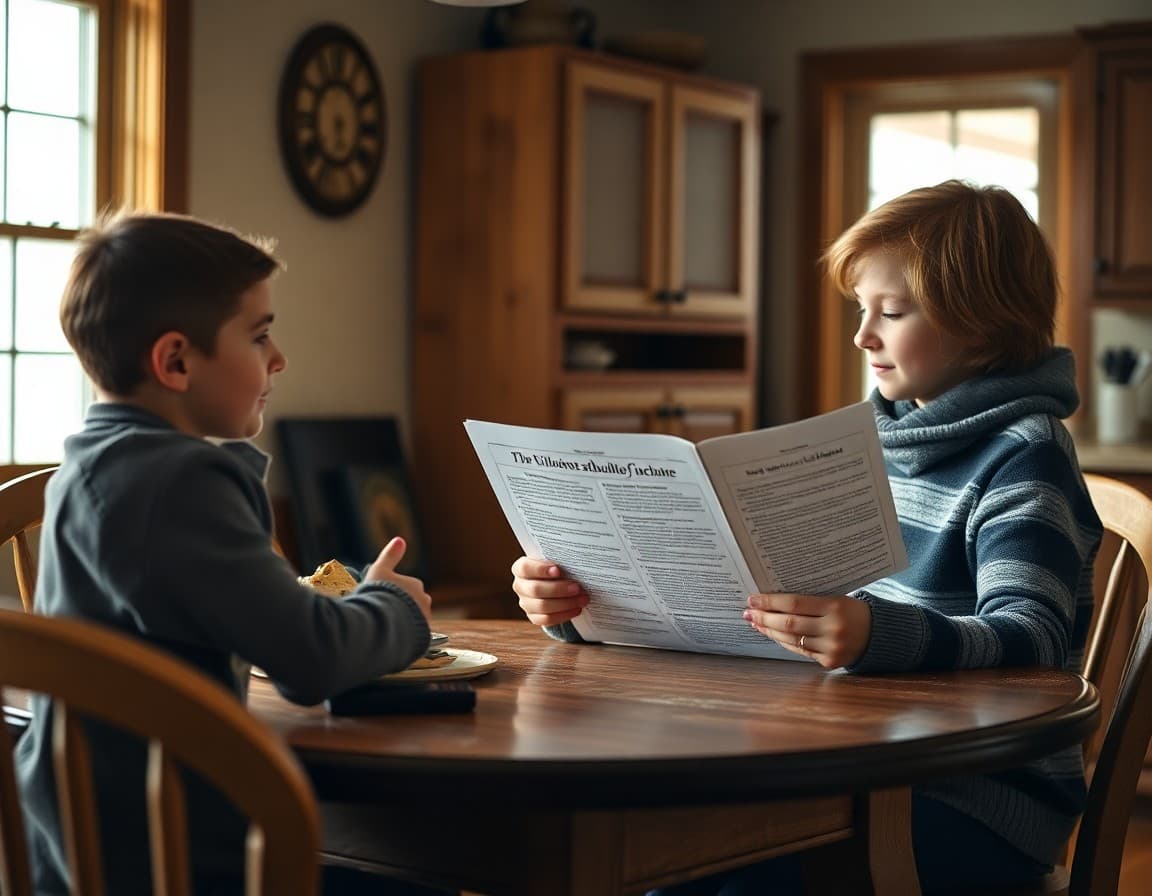 Parent reading school newsletter at Wisconsin farmhouse kitchen table during winter