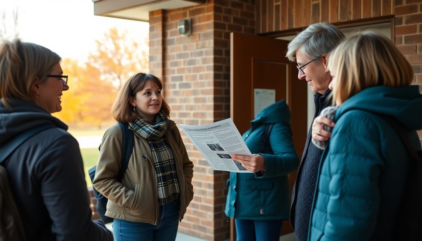 Wisconsin elementary school teacher sharing newsletter with parents outside school in autumn