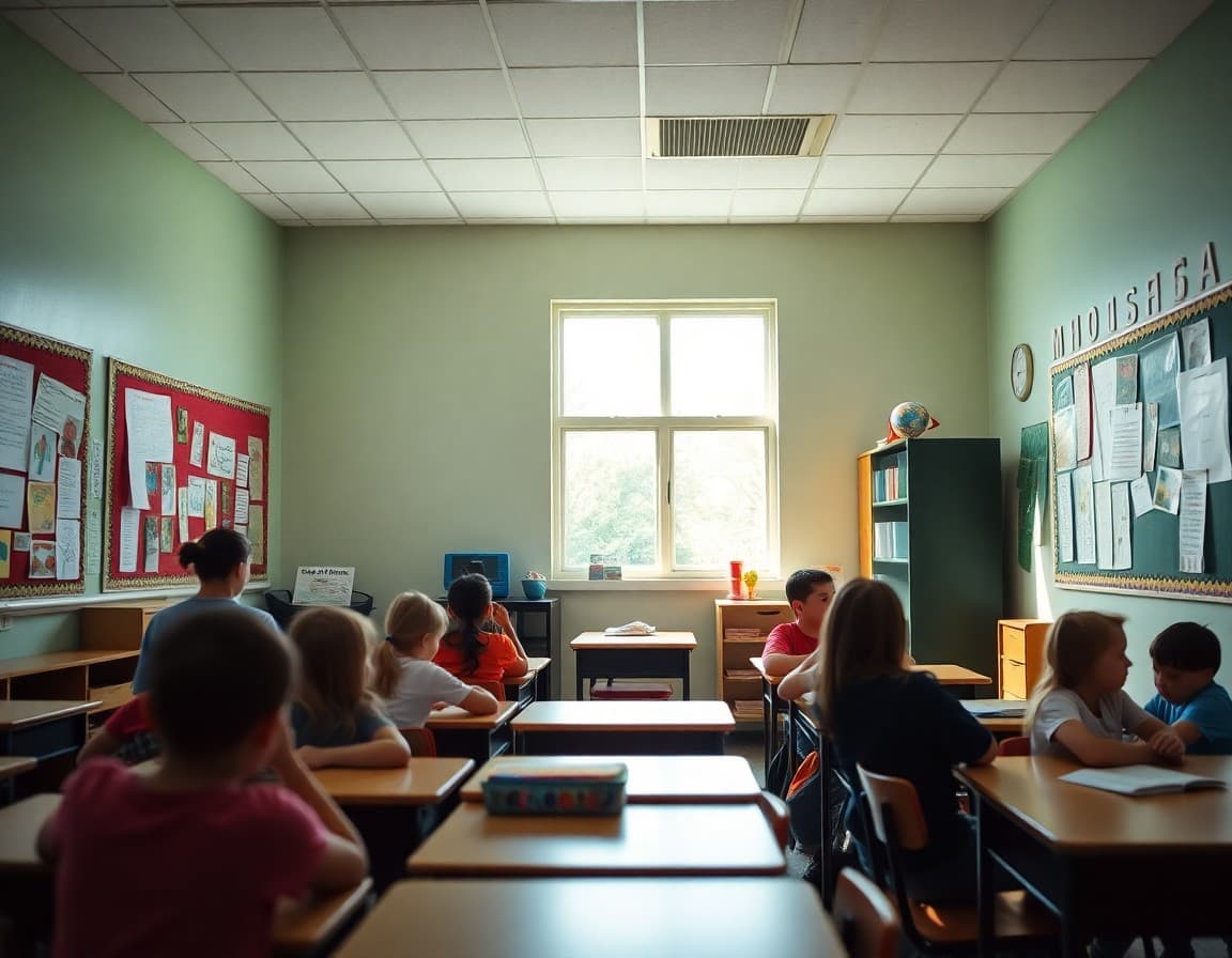 Elementary classroom in Wisconsin with student work displayed on bulletin boards