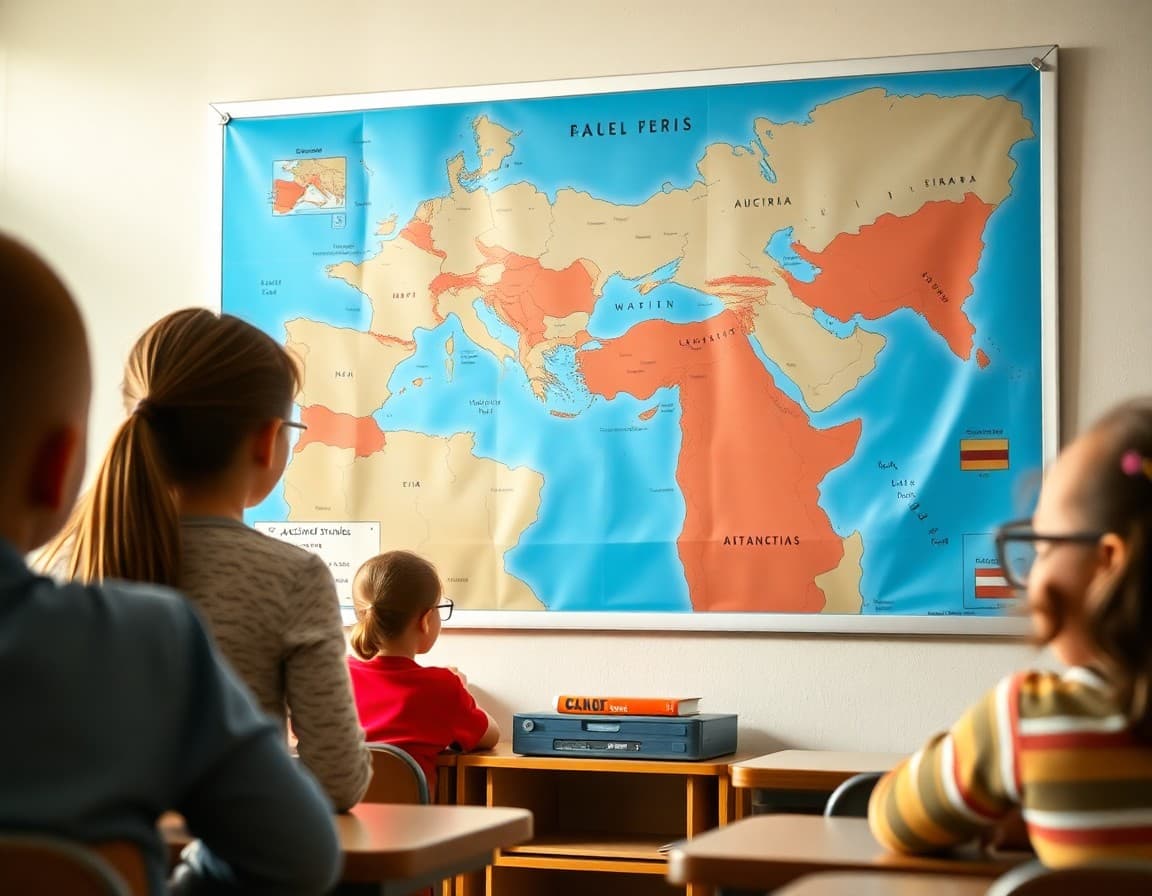Map showing ancient civilizations displayed on a classroom wall for an elementary social studies unit