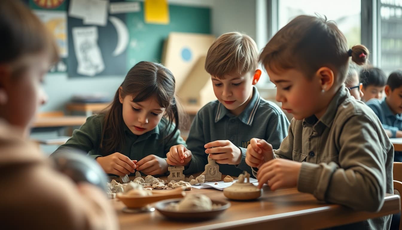 Elementary students examining artifacts from ancient civilizations during a world history lesson