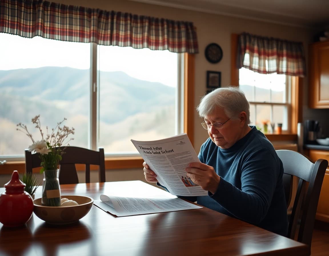 Parent reading school newsletter at kitchen table in West Virginia home with Appalachian hills outside
