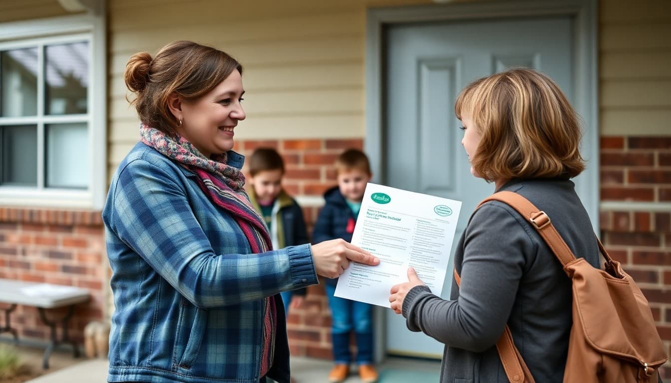West Virginia elementary school teacher handing newsletter to parent outside mountain school