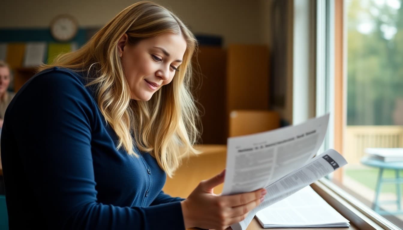West Virginia elementary school teacher reviewing newsletter drafts for K-5 parent communication