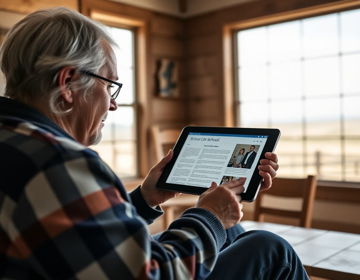 Parent reading school newsletter on tablet in Wyoming ranch house with plains outside