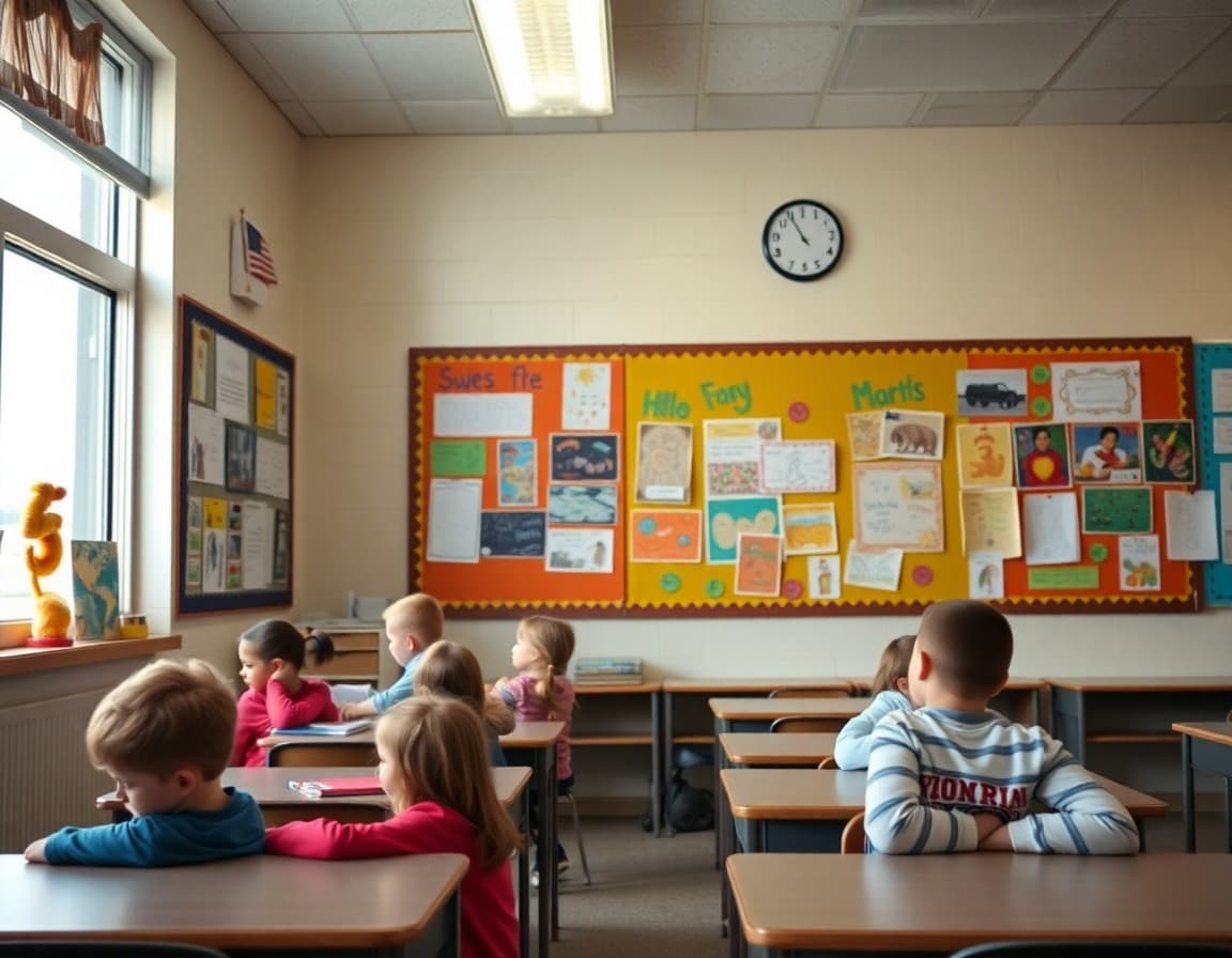 Elementary classroom in Wyoming with student work displayed on bulletin boards