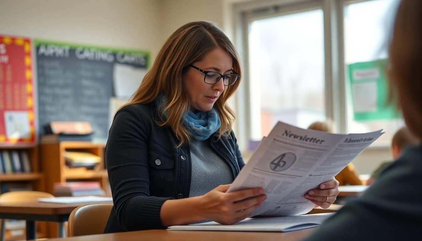 Wyoming elementary school teacher reviewing newsletter drafts for K-5 parent communication