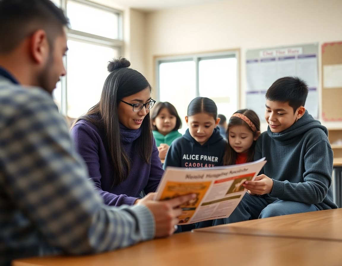 Alaska ELL families of diverse linguistic backgrounds reviewing a school newsletter