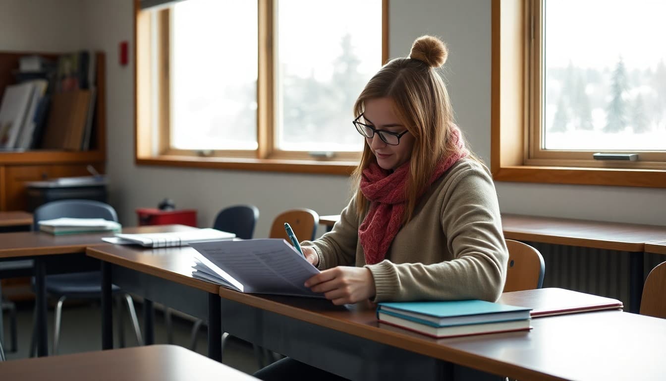 Alaska ELL teacher writing a multilingual newsletter in a school with winter landscape outside