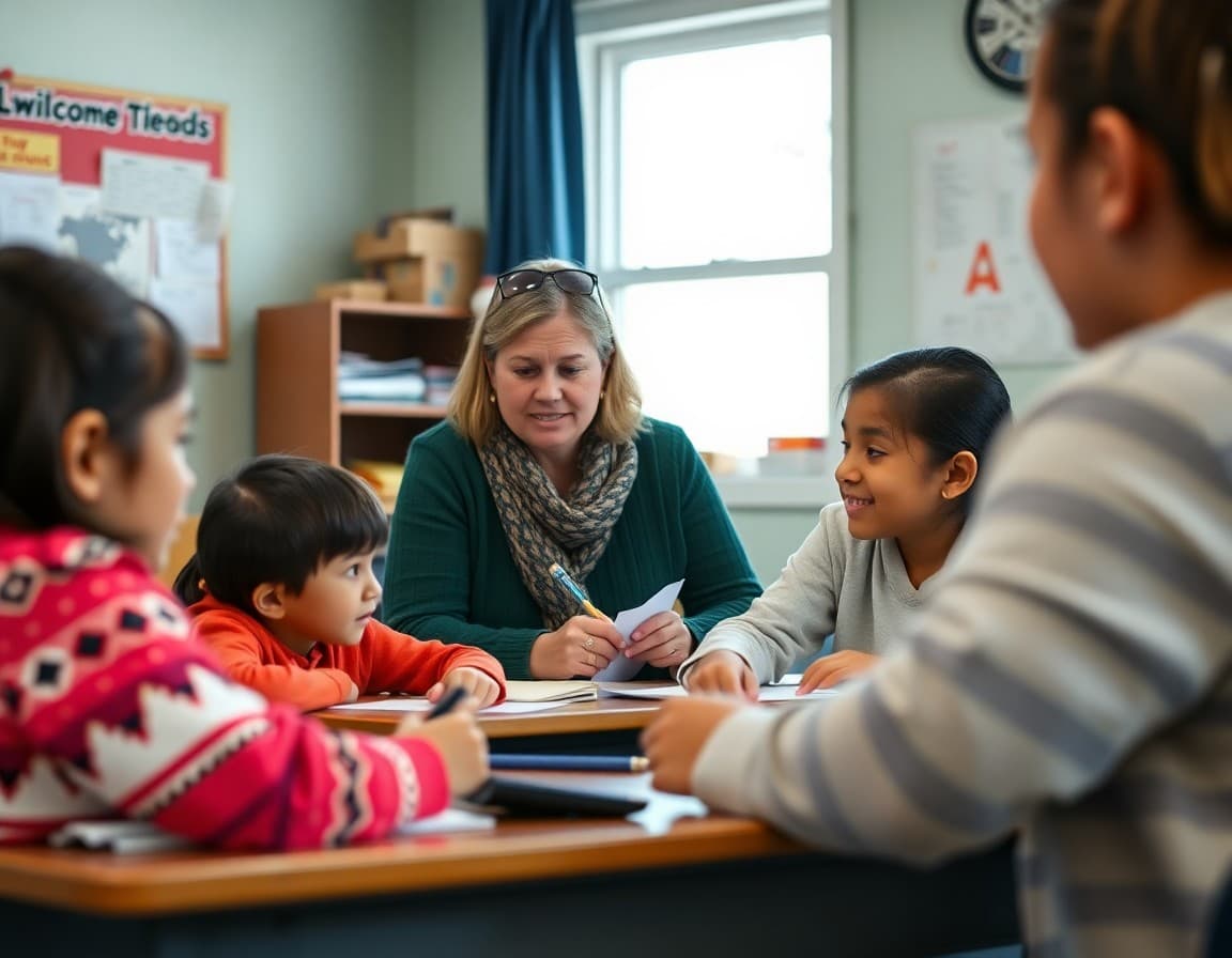 Alaska ELL classroom with teacher and Alaska Native students working on language activities
