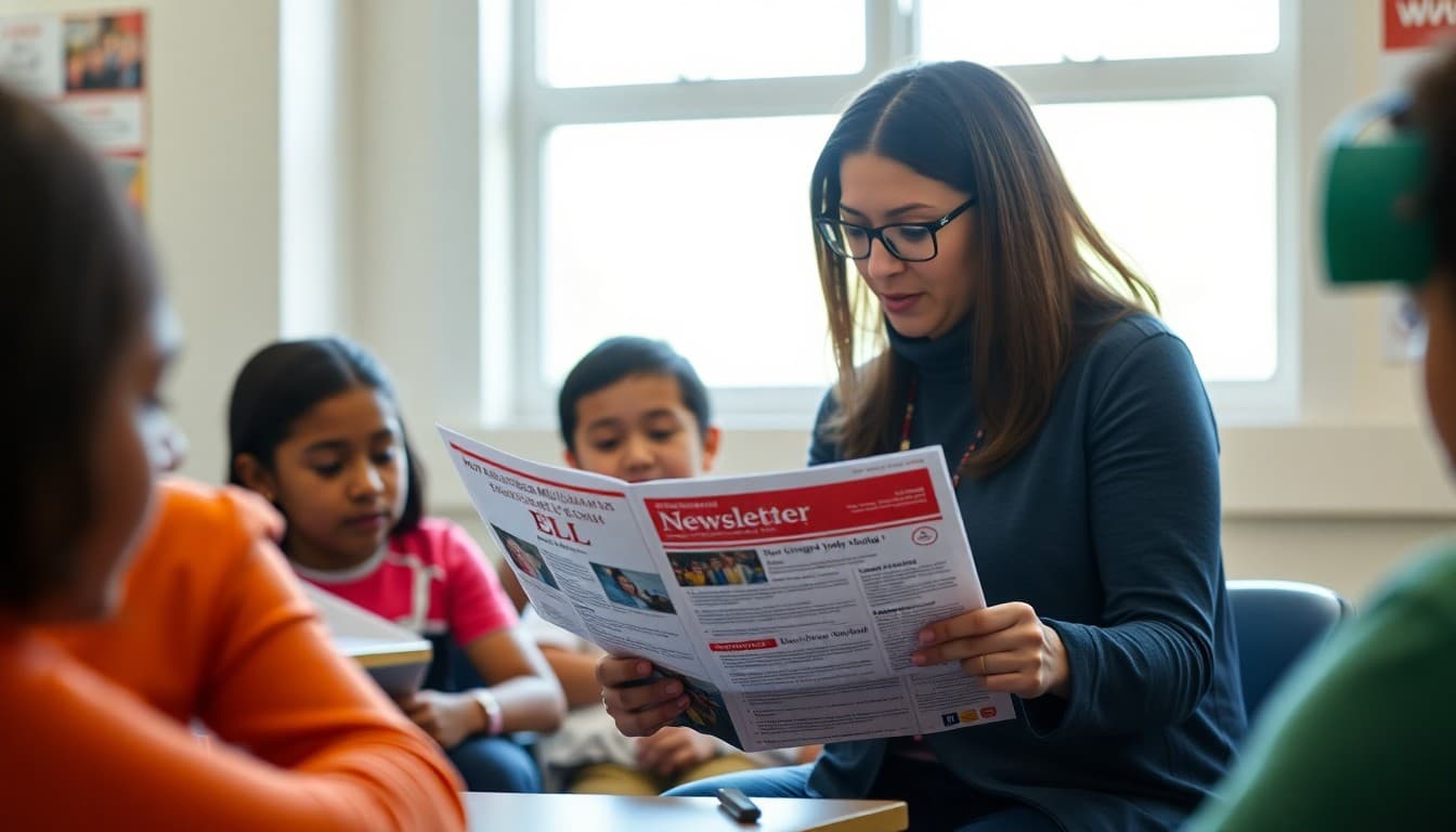 Alabama ELL coordinator reviewing a multilingual program newsletter for diverse families