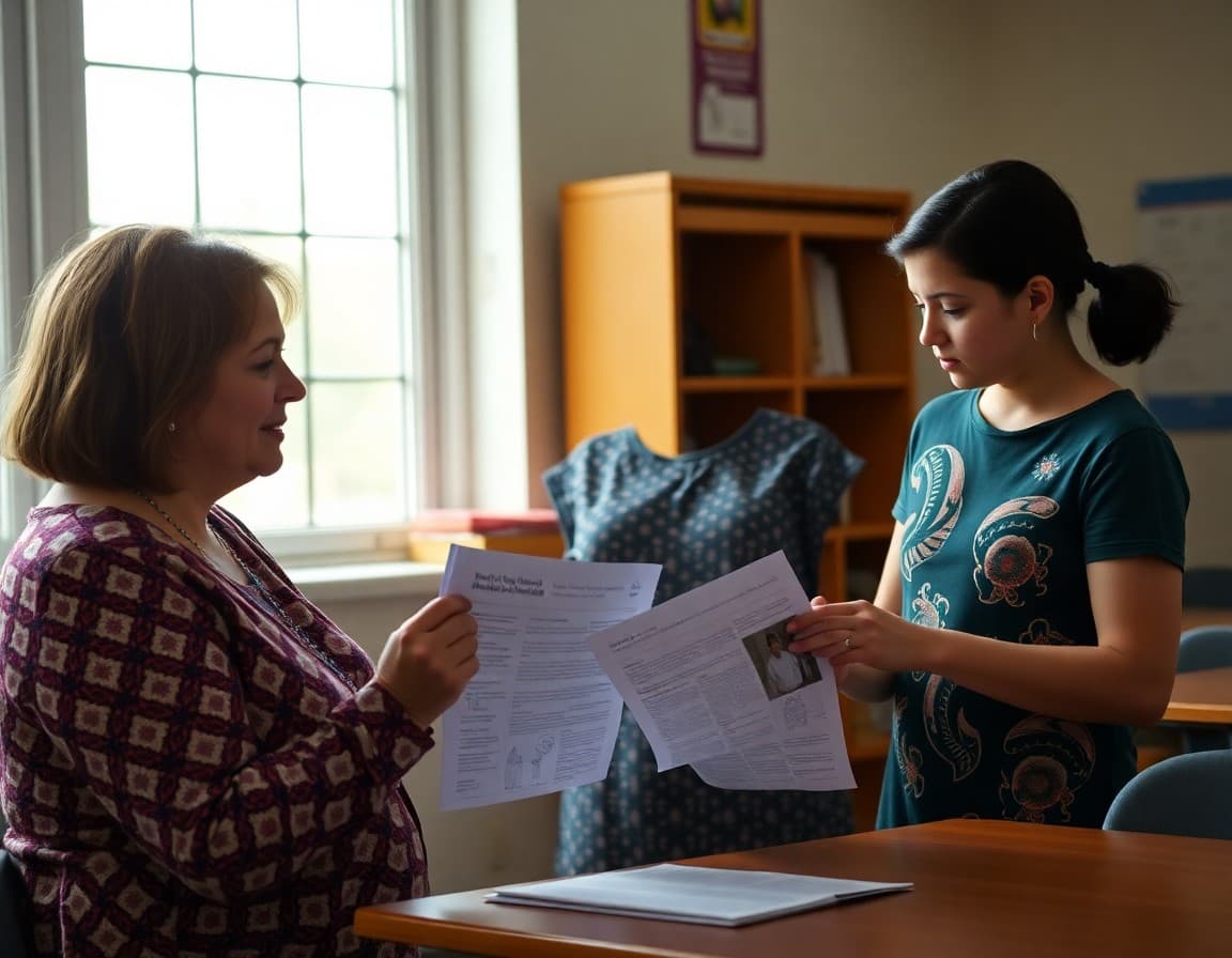 ELL coordinator reviewing translated newsletter copies with a multilingual family in Alabama