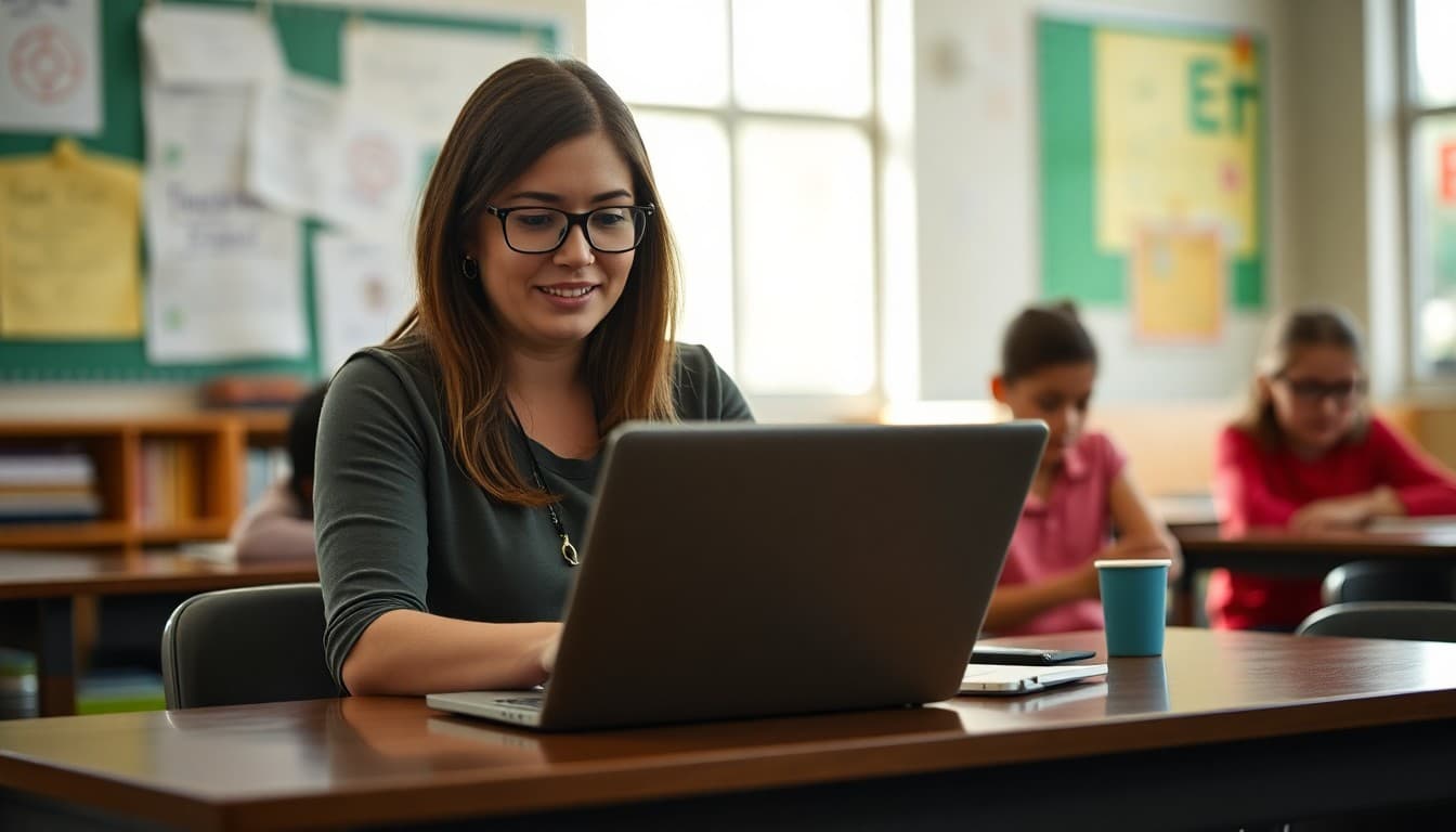 ELL teacher in Alabama sending a bilingual newsletter to multilingual families on a laptop