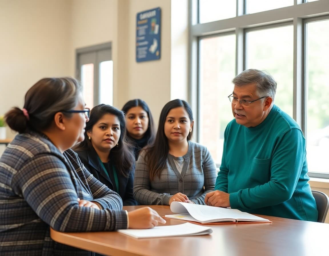 Hispanic parents in Arkansas reviewing school ELL program update in Spanish at a community center