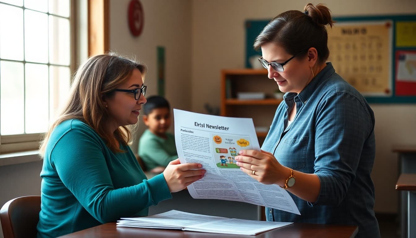 Arkansas ESL teacher preparing a bilingual newsletter for Spanish-speaking families at a rural school