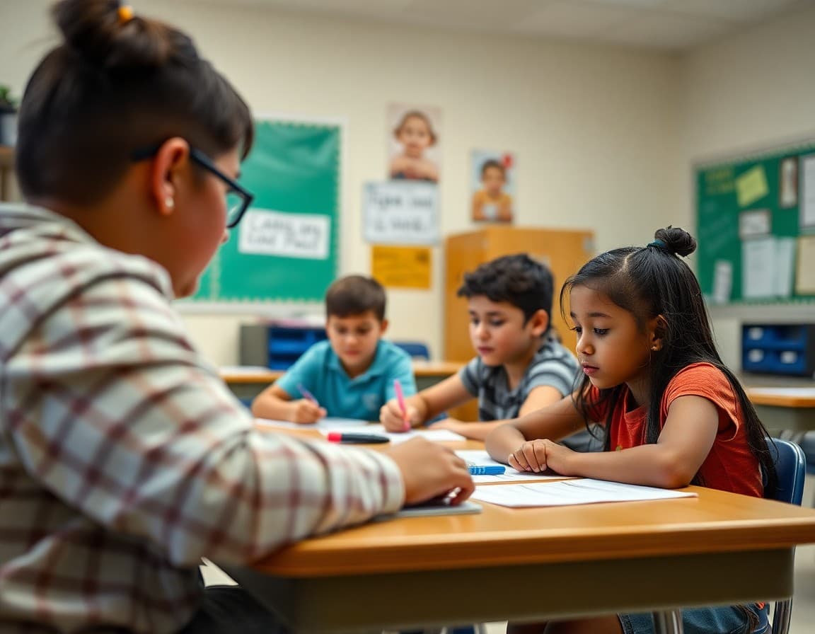 Arkansas ELL classroom with teacher and multilingual students working on English language activities
