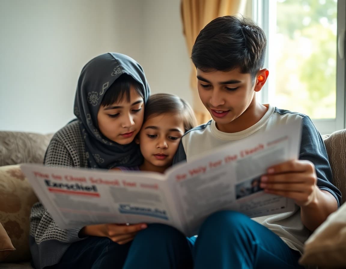 Arabic-speaking family reading translated school newsletter at home together