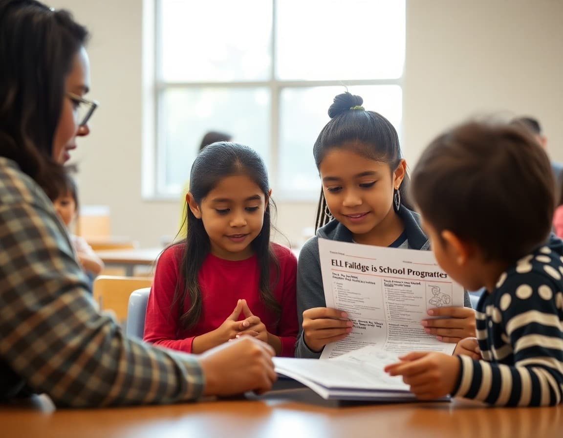 Arizona ELL families reviewing a school program newsletter at a Phoenix school family event
