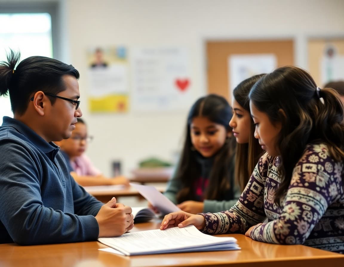Hispanic families at an Arizona school parent night reviewing ELL program information in Spanish