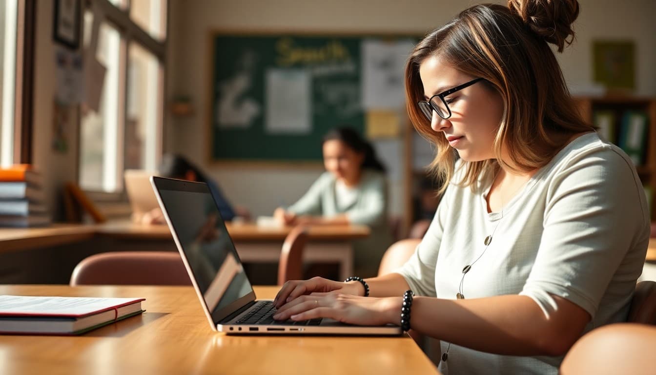 ELL teacher in Arizona sending bilingual newsletters to Spanish-speaking families on a laptop