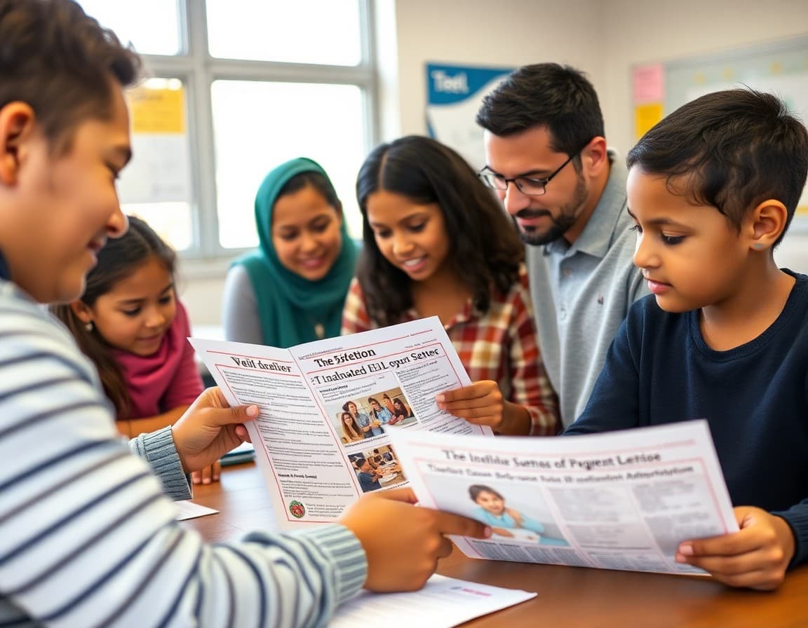 Diverse California school families reviewing translated ELL program newsletters at a parent workshop