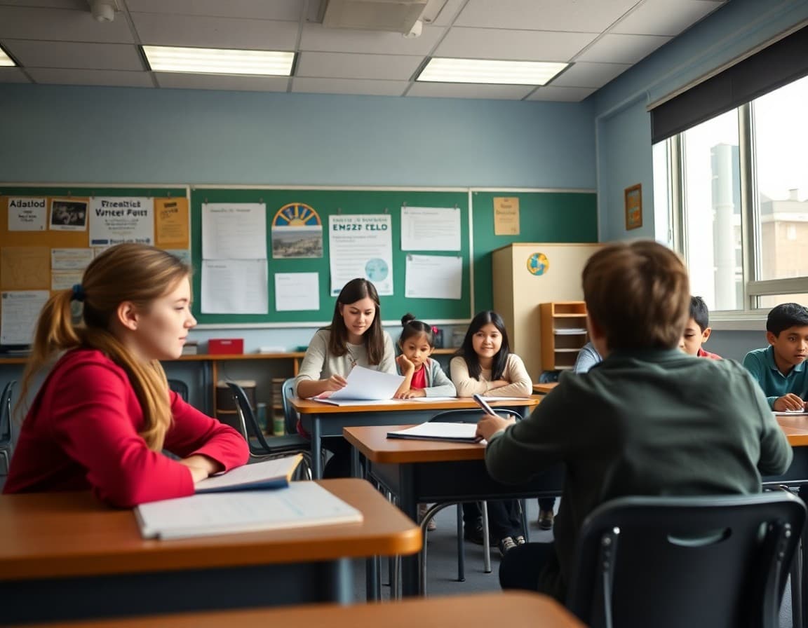 California ELL classroom with teacher and multilingual students working on academic language activities