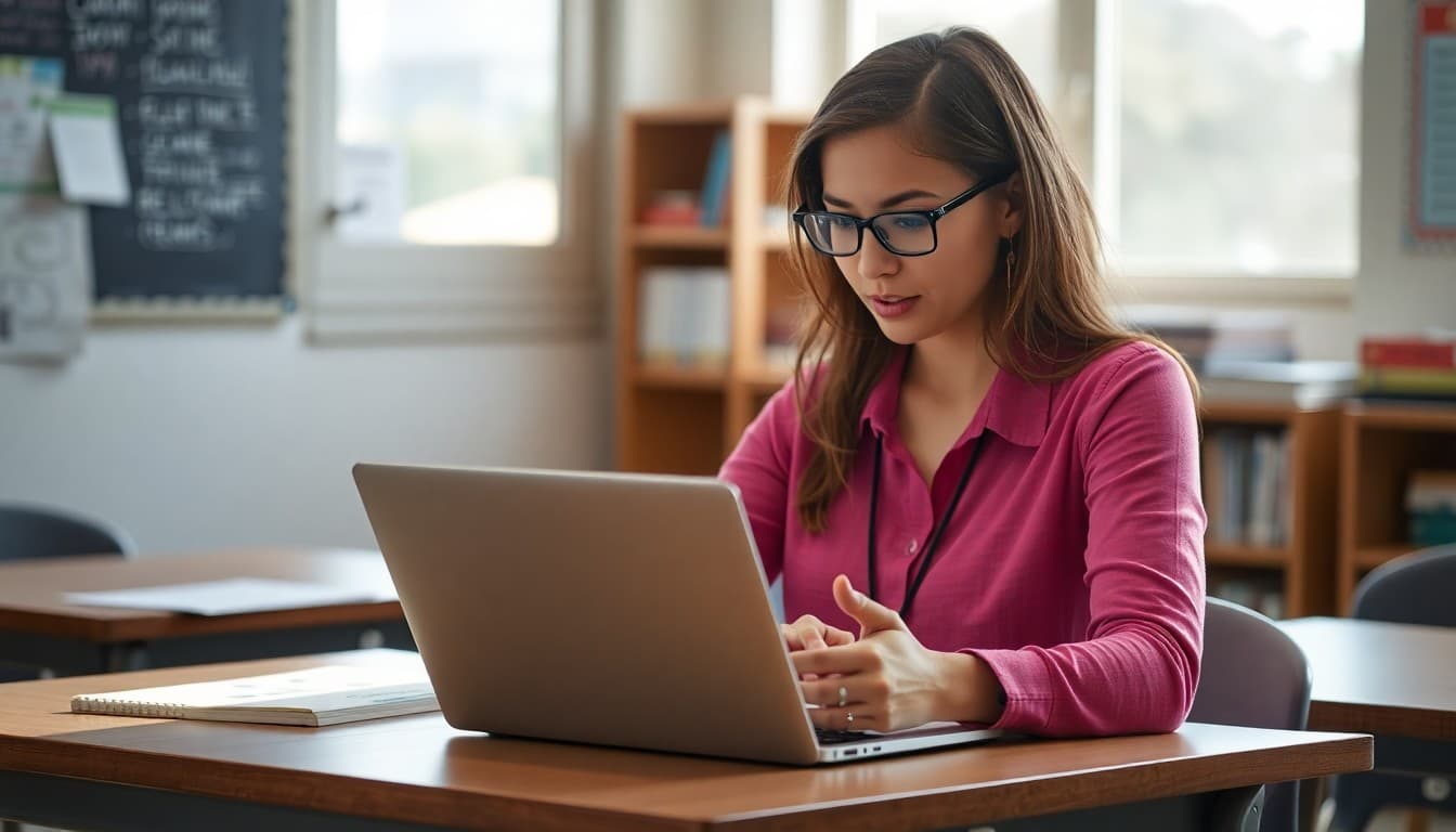ELL teacher in California sending multilingual newsletters to diverse families on a laptop