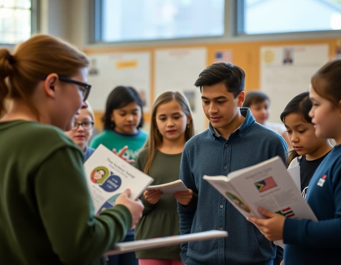 Colorado ELL families at a school information night reviewing multilingual program materials