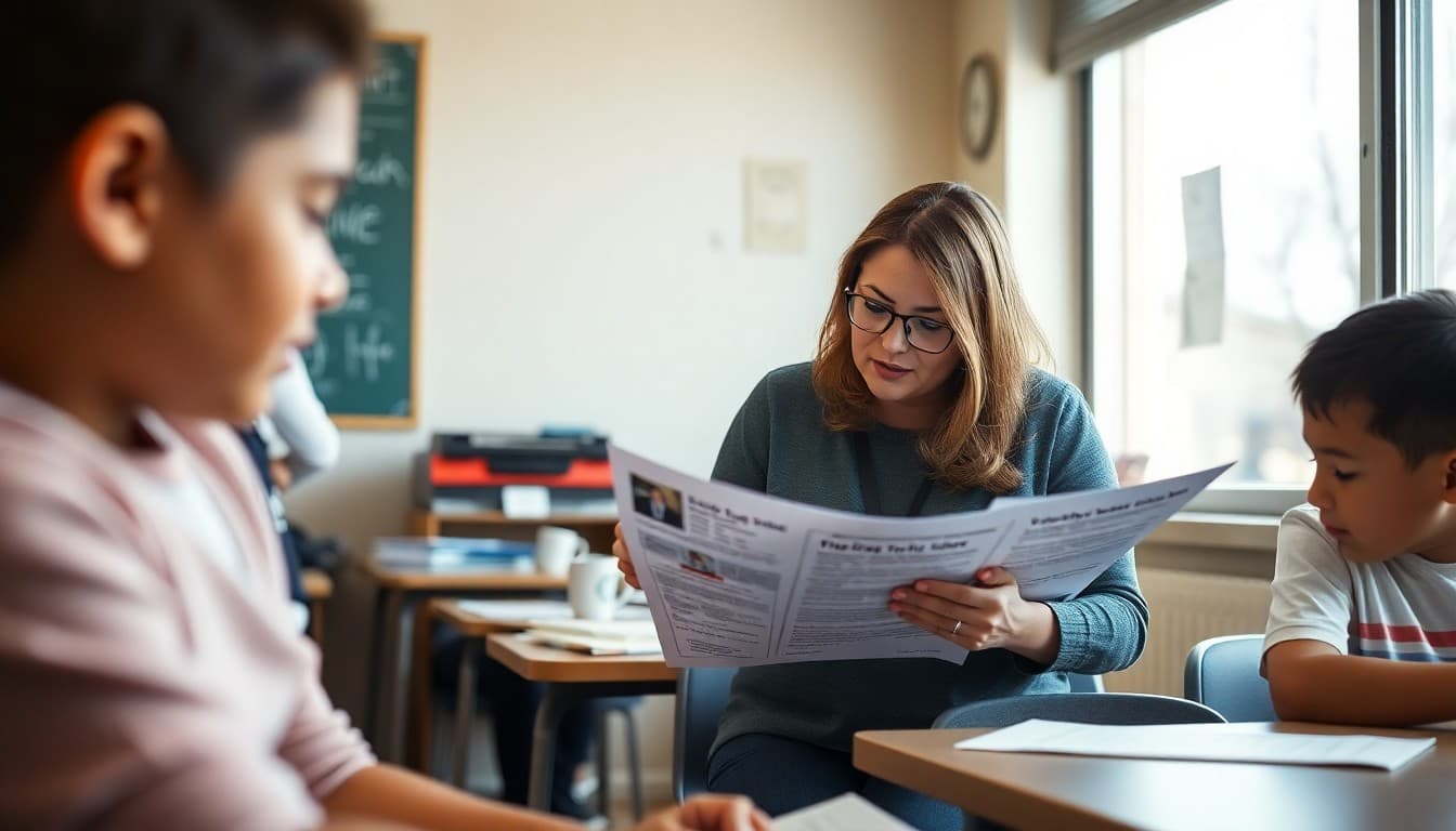 Colorado ELL teacher preparing bilingual newsletters for Spanish-speaking families in a Front Range school